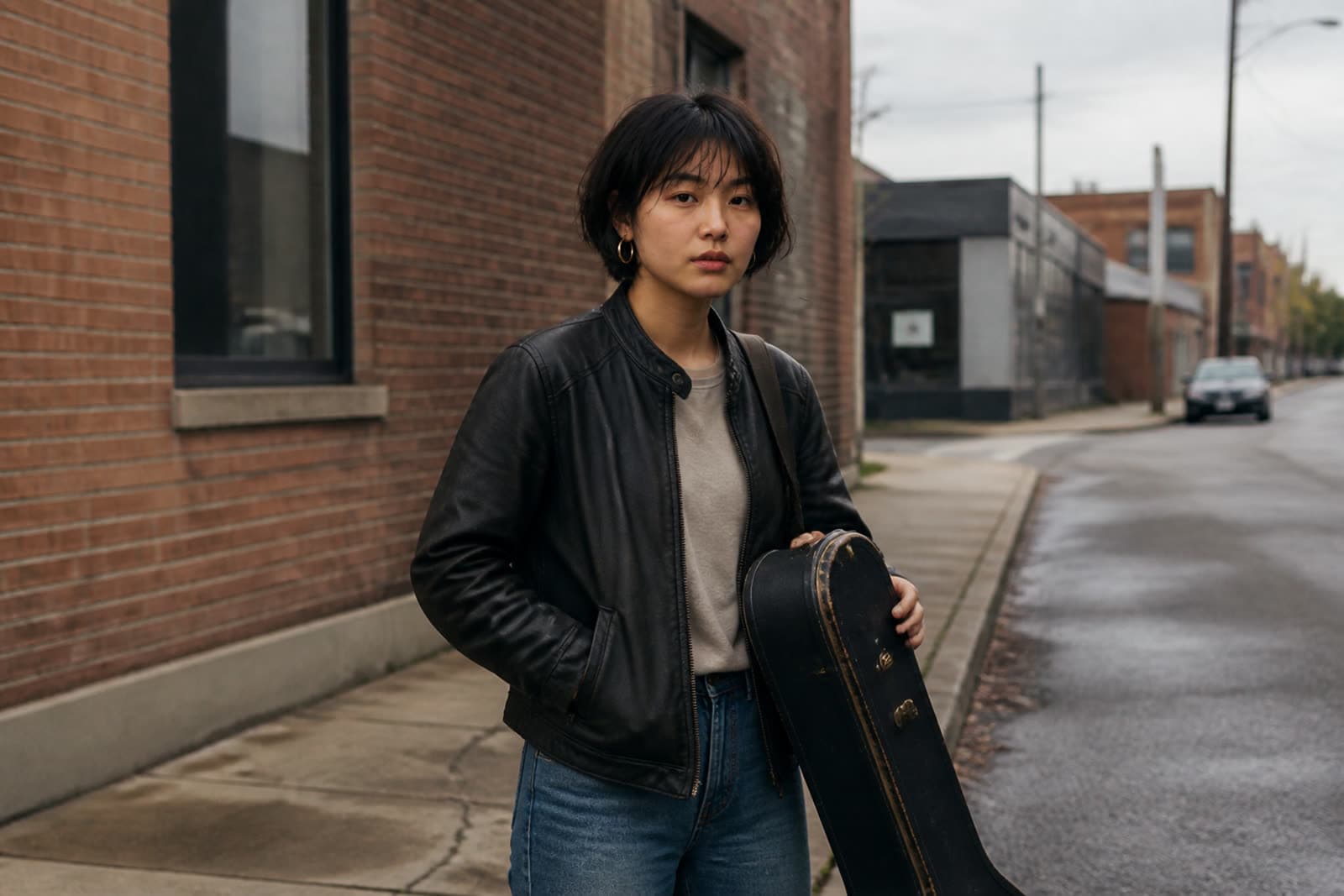 Noa Ellison on a city street with a guitar case