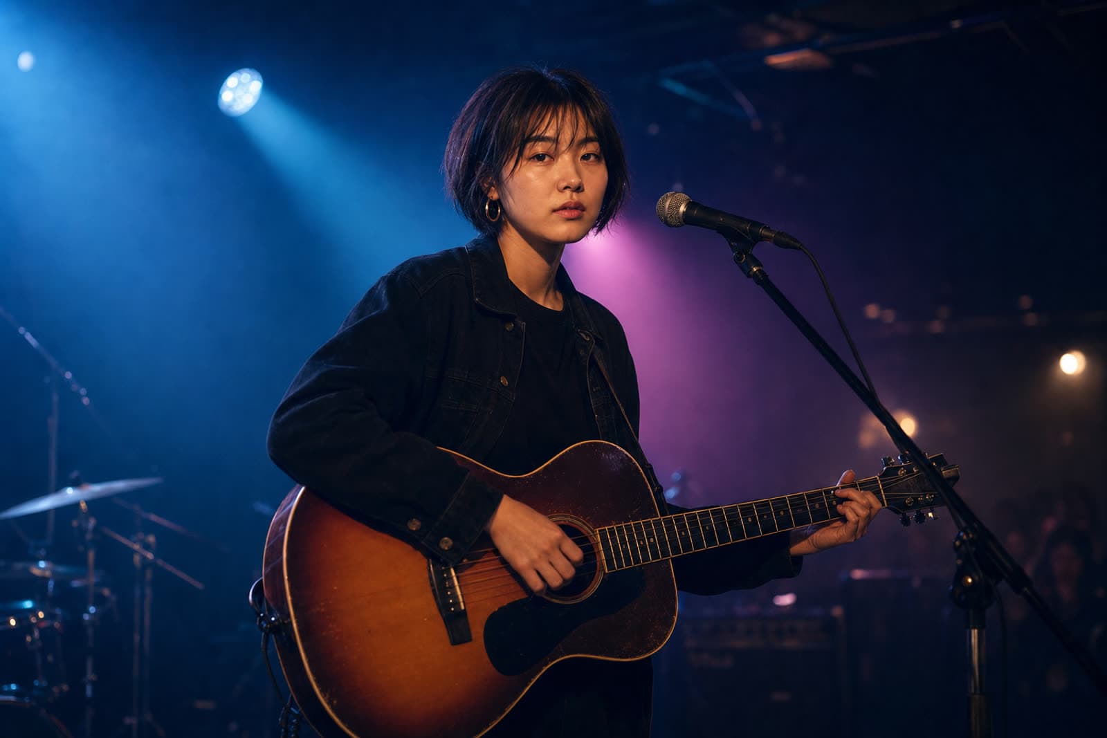 Noa Ellison playing live under stage lights